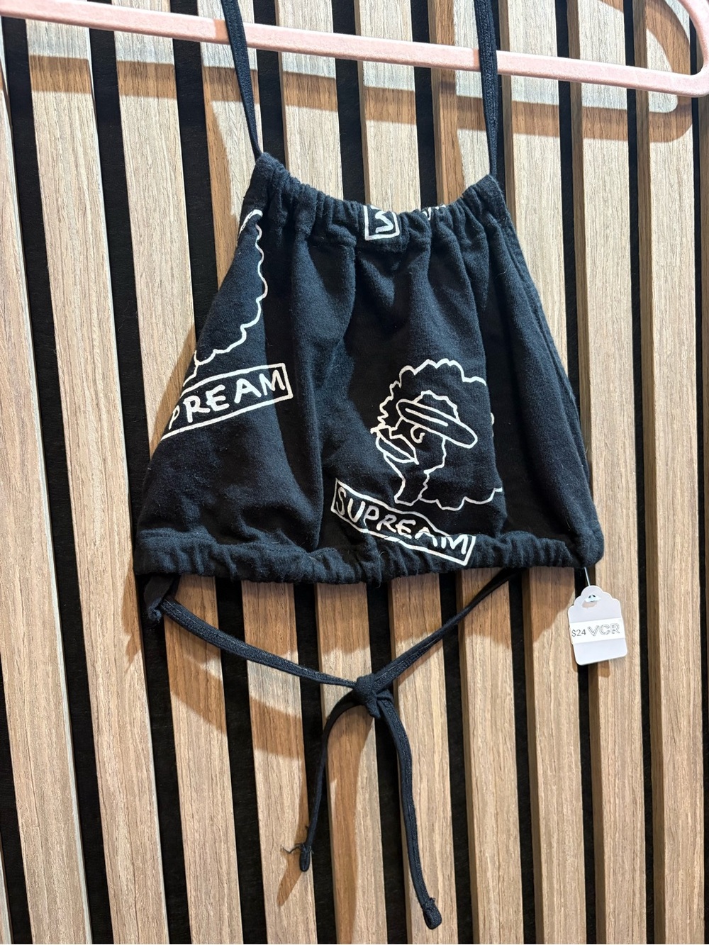 Supreme Black Halter Drawstring Crop Top with White Logo